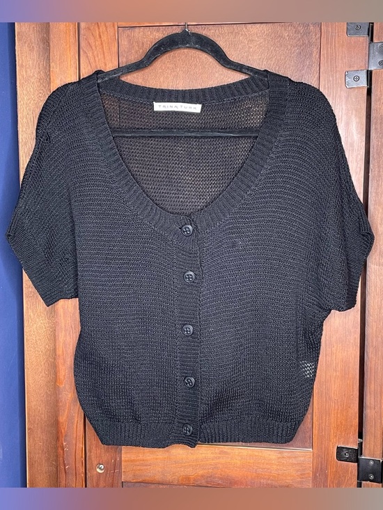 Trina Turk Black Cotton Knit Cardigan Sweater Short Sleeve Button Front Casual M - Picture 2 of 4